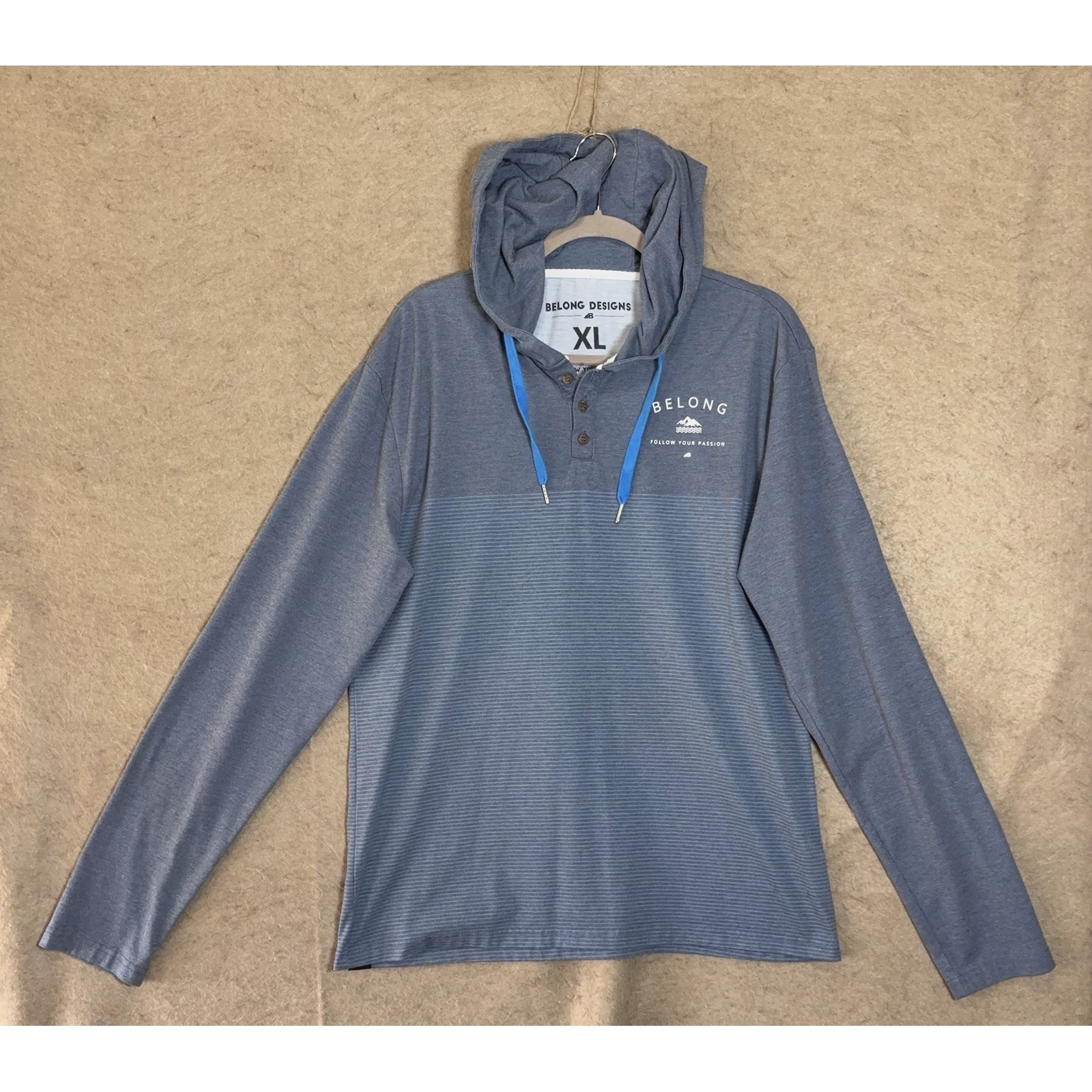 Belong Designs Henley Hoodie Womens Xl Blue Striped Pullover Lightweight
